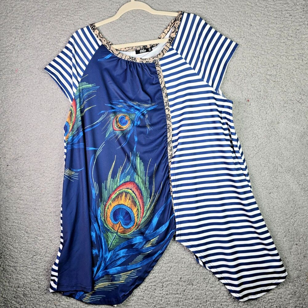 Lily by Firmiana Tunic Top  3X Blue White Colorful Peacock Lagenlook Resort Slit